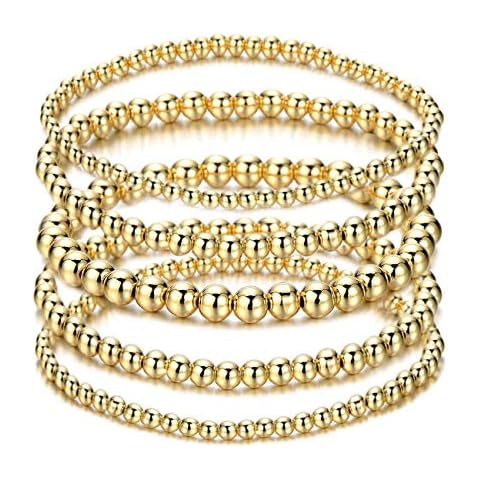 ARATLENCH Beaded Bracelet for Women Stack Stretch String Brass Ball Beads Bracelet Set for Womens (5 pcs gold beads bracelet) Cover