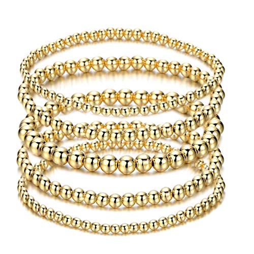 Gold Beaded Bracelet for Women 14 K Gold Plated Ball Beads Bracelet Stack Stretch String Friendship Bracelet Mens Classic Bold Gold Color Brass Beads Bracelet Set for Girls