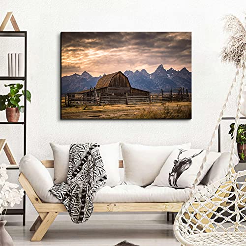 Grand Teton National Park Canvas Wall Art Sunset Moulton Barn Landscape Wall Decor, Wyoming Nature Mountains Scenery Picture Artwork Painting Decoration For Home Living Room Bedroom Kitchen 32X48" #TOP5