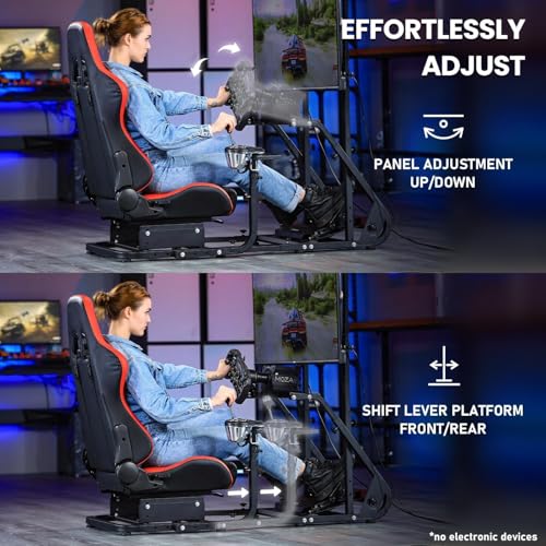 Marada Racing Simulator Cockpit Frame with Monitor Stand, Gear Mount, Red seat Compatible with G923 G920 G29 FANTEC T3PA TGT Height Adjustable Wheel and Pedals Not Included Racing Cockpit Full Kit