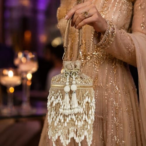 Image of Nevis Silk Fabric Designe Fringe Potli Bag with Pearl Tassels & Beaded Handle | Luxury Ethnic Drawstring Clutch for Wedding