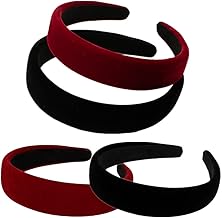 Wide Velvet Hair Bands, Wanfoou 4 Pieces Hard Padded Headbands, Wide and Firm Hair Bands, Thick Velvet Sponge Hair Bands (Black, Wine Red