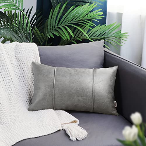 Image of BRAWARM Gray Leather Throw Pillow Covers 12 X 20 Inches - Faux Leather Lumbar Pillow Cover with Piping, Hand Stitched Leather Throw Pillow for Couch Sofa Bed Living Room Home Decorative