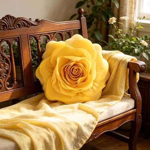 Image of JWH Stereo Flower Throw Pillow Covers Aesthetic Decorative Floral Accent Pillow Cases Round Cushion Handmade Pillowcase for Bedroom Bed Couch Chair Car 12 Inch Bright Yellow