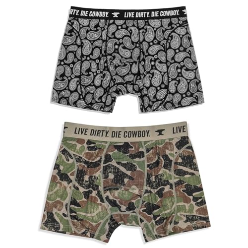 Combat Iron Mens Outlaw Edition Boxer Briefs | 2-Pack Performance Training Underwear | 3 Inseam Moisture-Wicking Athletic Fit Black Bandana Duck Camo Small