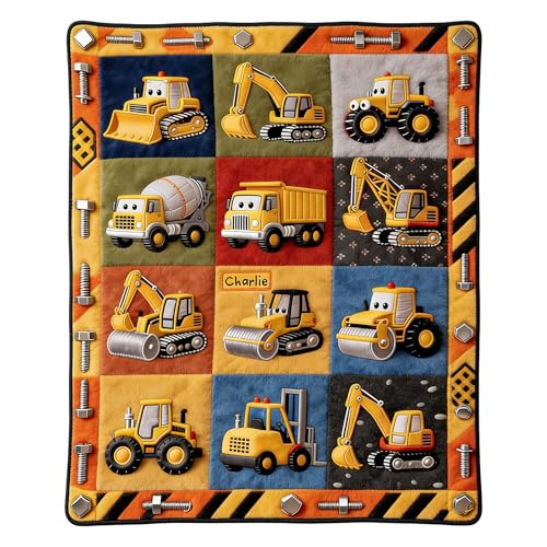 Personalized Truck Blankets for Kids Construction Blanket for Boys Custom Dump Truck Excavator Bulldozer Throw Cozy Fleece Blanket for Toddler Christmas Birthday Gifts for Toddler Vehicles Lover
