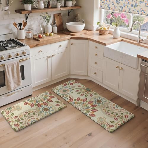 Image of SHREENIDHI Kitchen Floor Mat Set of 2 Rectangular Printed Mats for Sink Stove and Counter Area Placement with Kitchen Theme Geometric and Floral Design Options (Leaf Pattern Mat 1)