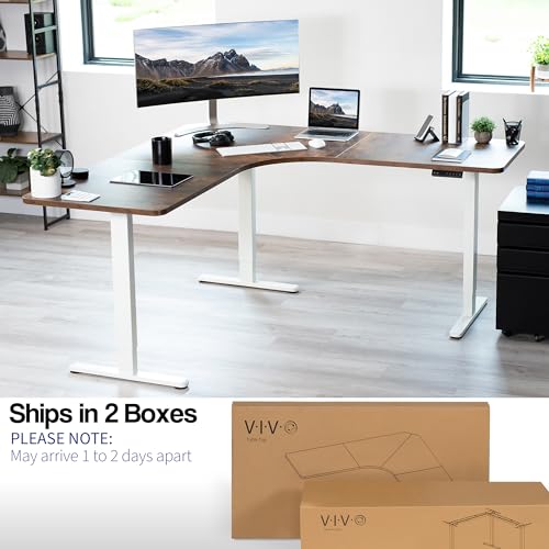 Image of VIVO Electric Height Adjustable 71 x 71 inch Curved Corner Stand Up Desk, Rustic Vintage Brown Table Top, White Frame, Memory Controller, L-Shaped Workstation, E3C Series, DESK-KIT-E3CWN