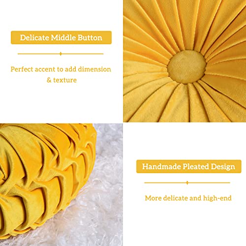 Image of HIG Set of 2 Decorative Round Pleated Throw Pillows, Classy Accent Pumpkin Throw Pillows with Center Button, Vintage Velvet Floor Pillow for Sofa Couch Vanity Chair Bed, Yellow, 14.5 inch Diameter(RIPPLE)
