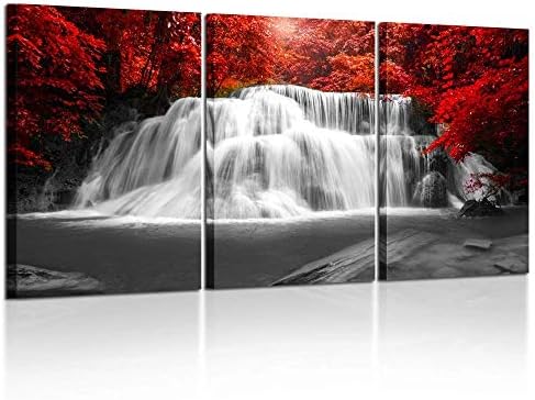 Kreative Arts Black White and Red Canvas Wall Art 3 Pieces Red Woods Waterfall Canvas Print Landscape Paintings Framed Picture for Office and Home Décor Ready to Hang 16x24inchx3pcs