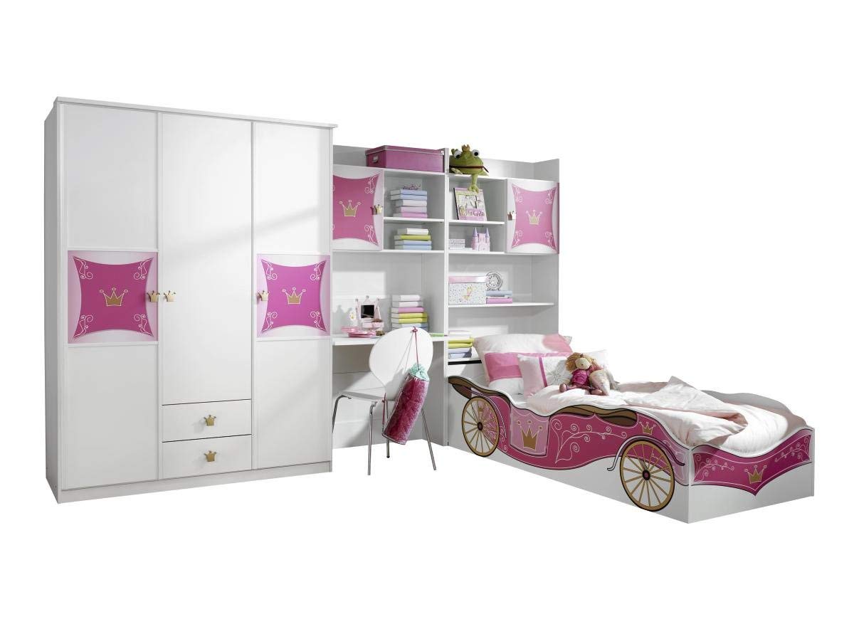 Rauch Möbel Kate Kinder- und Jugendzimmer Mädchenzimmer im Prinzessinen Stil in Weiß mit Motiv,Set bestehend aus Kleiderschrank, Bett, Schreibtisch- und Bettschrank Gesamtmaße BxHxT 326 x 199 x 238 cm