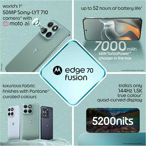 Image of Motorola Edge 70 Fusion 5G (Pantone Blue Surf, 8GB RAM, 256GB Storage) | Snapdragon 7s Gen 4 Processor | 50MP Sony LYTIA Camera | 6.78 inch 144Hz AMOLED Display | 7000mAh Battery | 68W Fast Charging