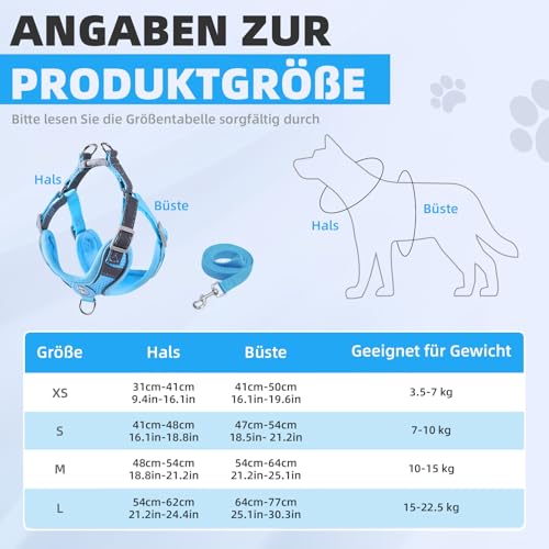 Hundegeschirr mit Hundeleine Set, Air-Mesh Atmungsaktiv Brustgeschirr für Kleine, Mittelgroße Hunde & Welpen, Weich Gepolstert Einstellbar Reflektierend Geschirr (Blau, S)