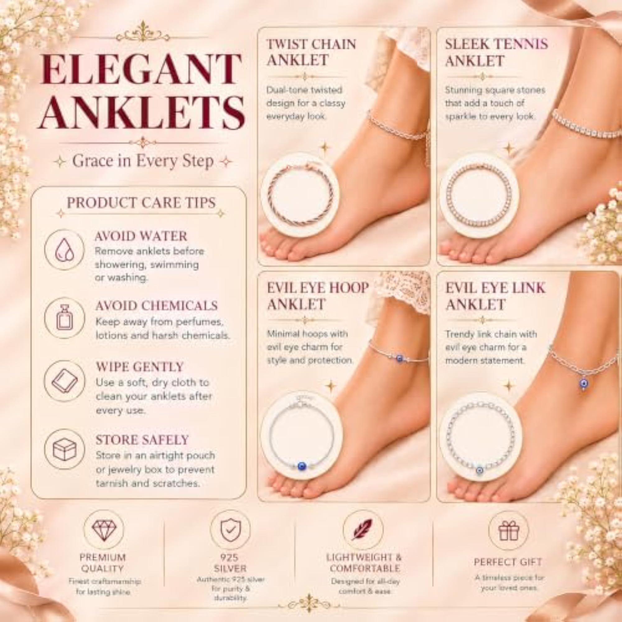 Women's 925 Pure Silver Rose Gold Link Anklet, Pack of 2