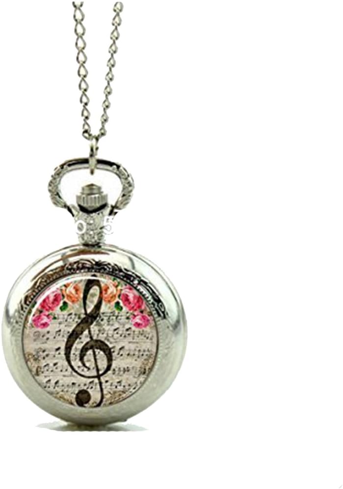 DSDhhhh1111 Music Note Pocket Watch Clef Jewelry Photo Locket Necklace Vintage Pocket Watch Necklace