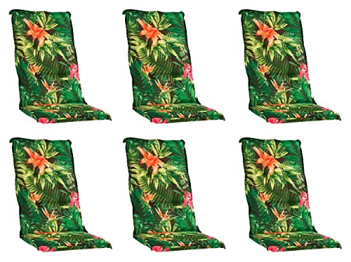 Gartenstuhlauflagen Hochlehner 6er Set - 120 x 50 cm - Grün - Dschungelmotiv - Baumwolle - Polyester - Sesselauflage Sitzpolster Stuhlauflage
