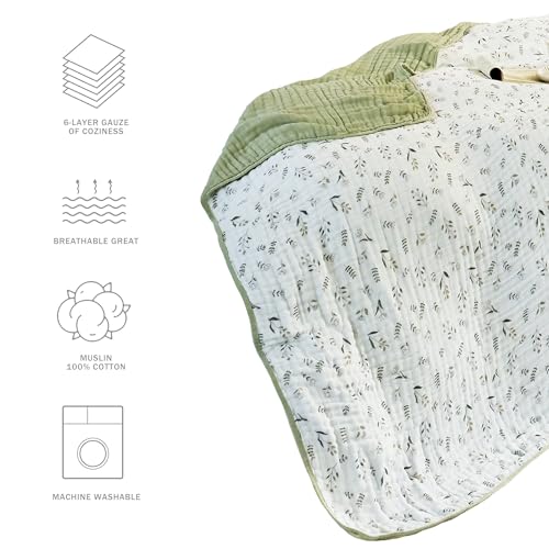 Image of Muslin Throw Blanket 100% Cotton 6-Layer Gauze Floral Pattern Cooling Blanket Lightweight Soft Breathable Quilt for All Season Both Sides for Sofa Couch (Leaves Green, Throw 50 inchx60 inch)