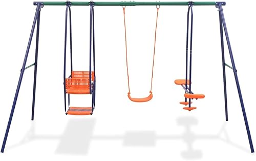 Miniatura 2 de Juego de columpios para niños con 5 asientos, juego de deslizadores de metal con marco de acero y 2 asientos de columpio con 1 juego de balancín,