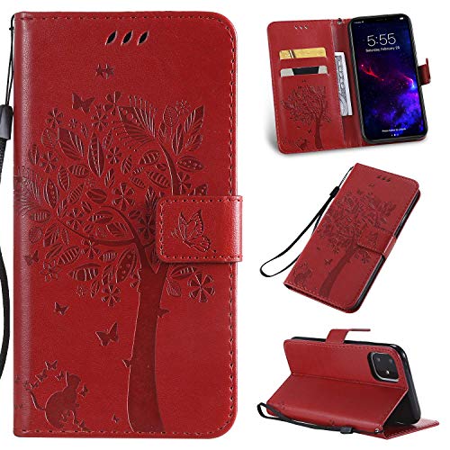 Iphone 11 Case With Screen Protector,Iphone 11 Wallet Case,Flip Case Pu Leather Emboss Tree Cat Flowers Folio Magnetic Kickstand Cover Card Slots For Iphone 11 Red #TOP4