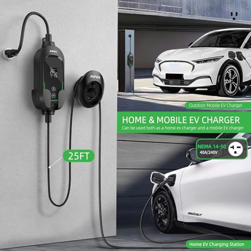 Level 2 EV Charger 40Amp, Portable Electric Car Charger 25FT Cable for NEMA 14-50 Plug, 240V, 9.6kW, Adjustable Current, Timing Delay, Vehicle Charger Station for J1772 BEVs/PHEVs