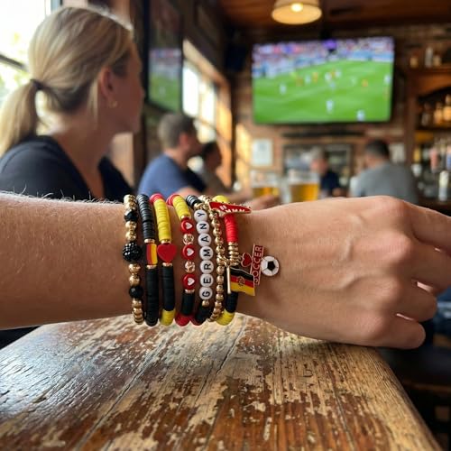 Thayrakn World Cup 2026 Germany Bracelet Set for Women, 7PCS Black Red Yellow Game Day Bracelets, Stretch Beaded Stackable Sports Jewelry with Soccer Charms, Soccer Mom Accessories & Gifts
