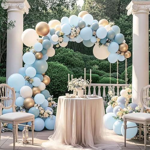 Image of Dusty Blue Metallic Champagne Gold Balloon Set 12 Inches,70 Pcs Blue White Metallic Champagne Gold Latex Balloons,Baby Blue Gold Party Balloons for Birthday