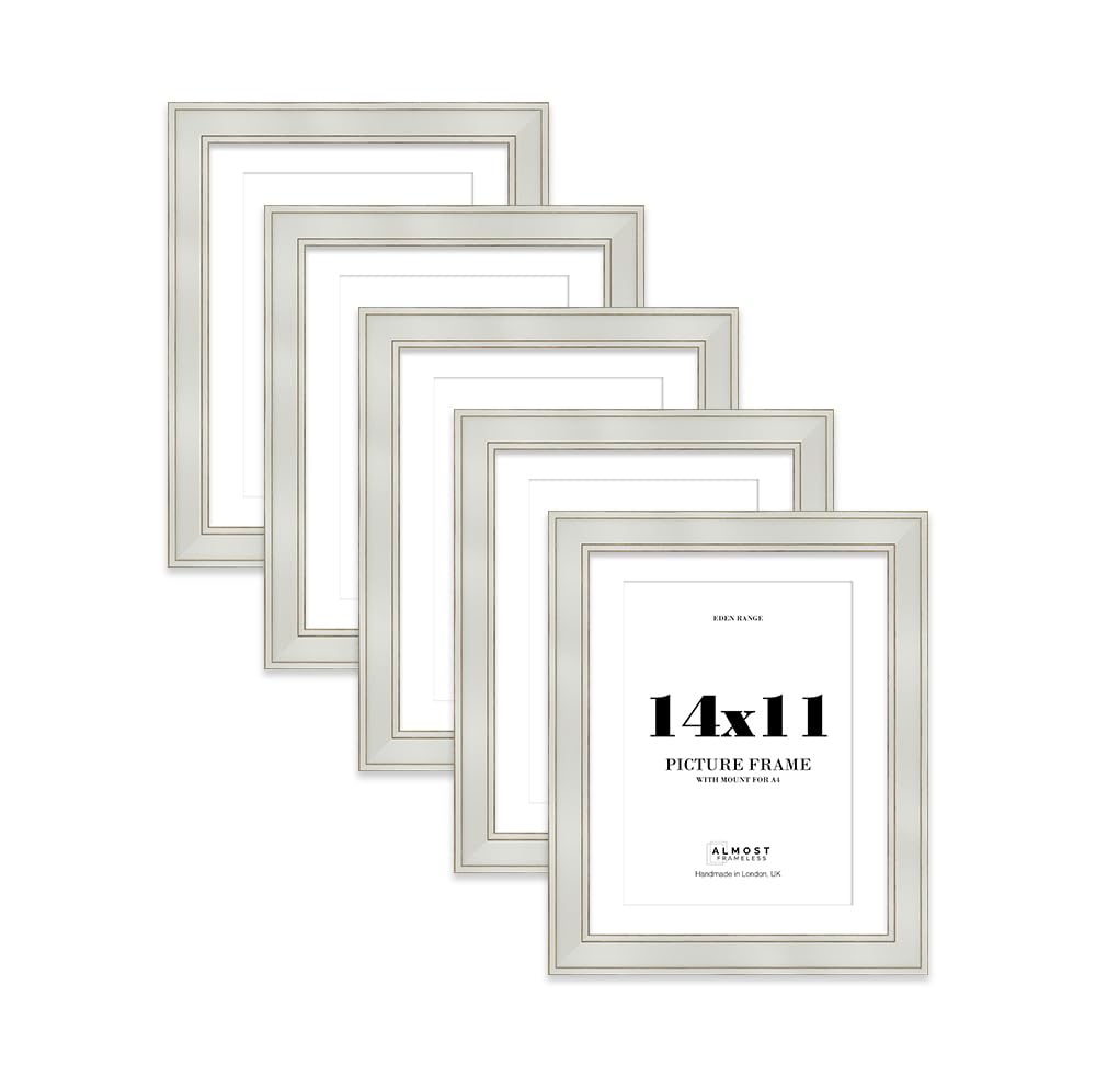 14x11" Light Grey Picture Frame with A4 Mount - Shabby Chic Photo Frame with Distressed Finish, Gold Trim, Wall Hooks and Kickstand, 37mm Edge - 5 Pack