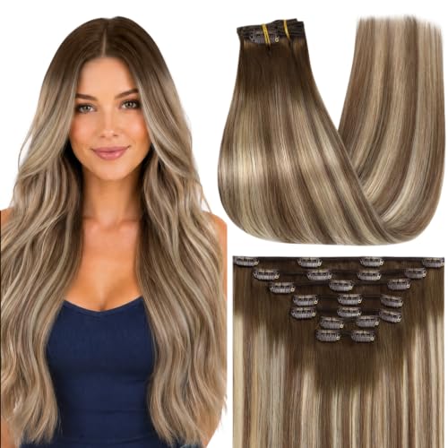 Image of Full Shine Human Hair Clip in Extensions Brown Balayage | Remy Hair Extensions, Balayage Brown to Blonde Ombre, Clip in Hair Extensions, for Thinning Hair, 16 Inch 7 Pcs 120g