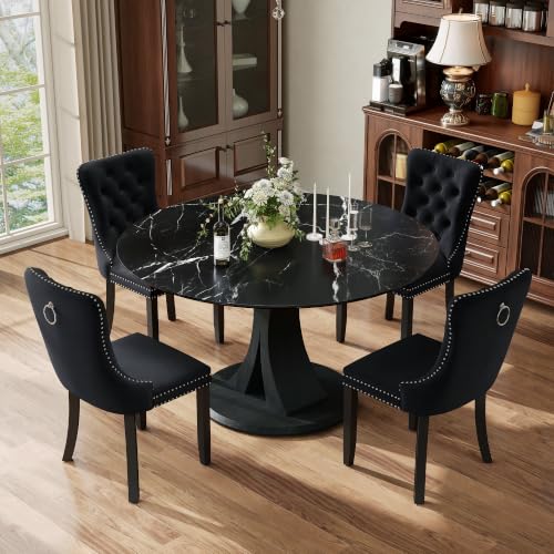 Image of 5-Piece Dining Table Set for 4 with 47 In Black Faux Marble Round Table | Circle Dining Room Table with 4 Velvet Upholstered Chairs, Modern Scandinavian Furniture for Dining Room Kitchen (Black)
