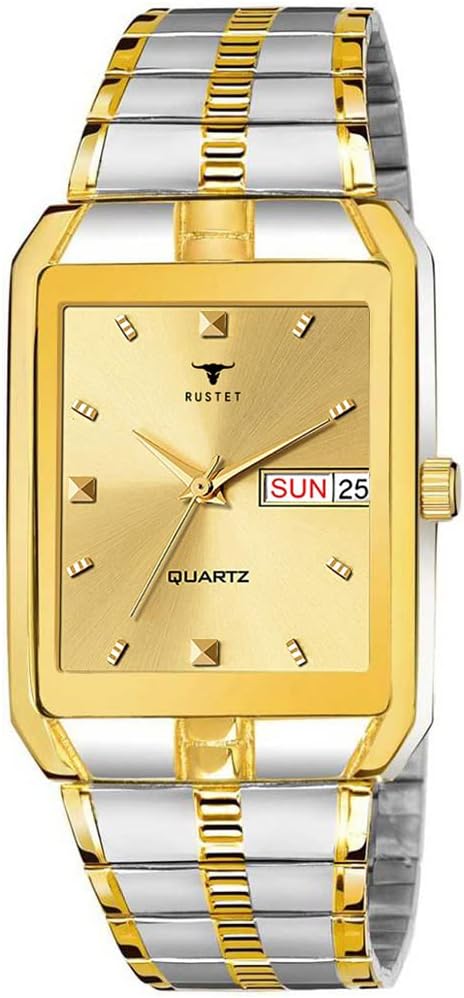 Analogue Waterproof Men's Day and Date Watch (Gold Square Dial Gold Strap,IGPTT), Gold, strap
