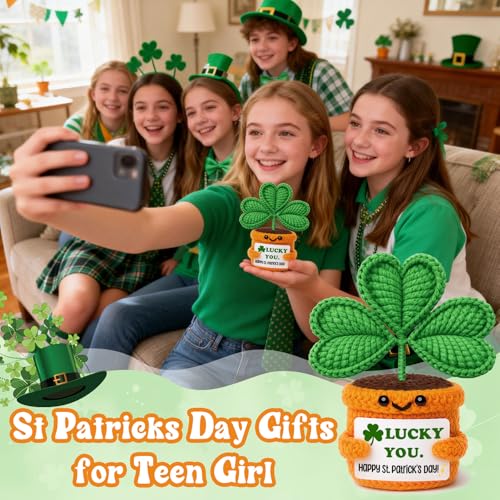 St. Patrick’s Day Shamrock Decor with Card Sign, Handmade Crochet Lucky Clover Desk Ornament for Office Home, Cute Irish Gift Women Teens Coworkers - Image 5