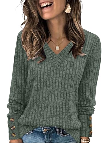 WIHOLL V Neck Long Sleeve Shirts for Women with Bottons Casual Fall Outfits Lightweight Tunic Sweaters Fashion Clothes 2025