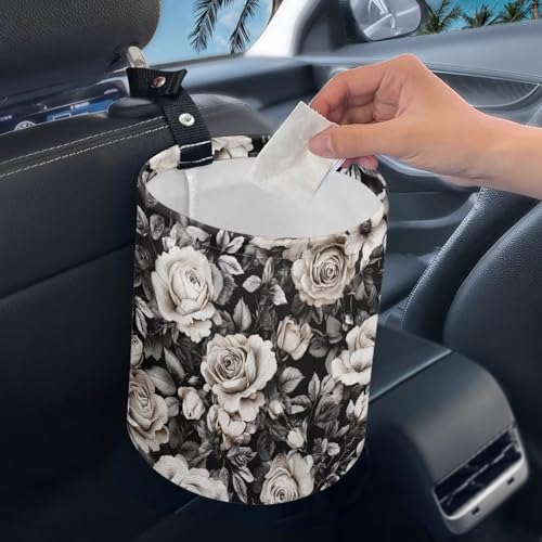 Image of Black White Rose Car Trash Can Cute Garbage Bin Hanging Portable Dustbin Bin Waste Basket Collapsible Small Trash Can Easy to Clean