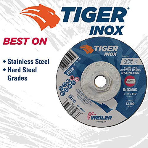 Image of Weiler 58109 4-1 /2 Inch Cutting Wheel, Tiger Inox Stainless Steel Contaminant-free High Performance Cutting, .045 inch INOX60S Type 27 5 /8 inch-11 Hub, Pack of 10