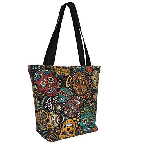 Antcreptson Mexican Sugar Skulls Canvas Tote Bag Large Women Casual Shoulder Bag Handbag, Watercolor Sunflower Reusable Multipurpose Heavy Duty Shopping Grocery Cotton Bag For Outdoors. #TOP1