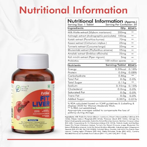 Image of Fytika Fit Liver Tablets Herbal Liver Support Supplement with Milk Thistle Kalmegh Kutaki Kasani Haldi for Daily Detox Digestion Wellness | Liver Care Supplement for Men Women 270 Tablets Pack of 9