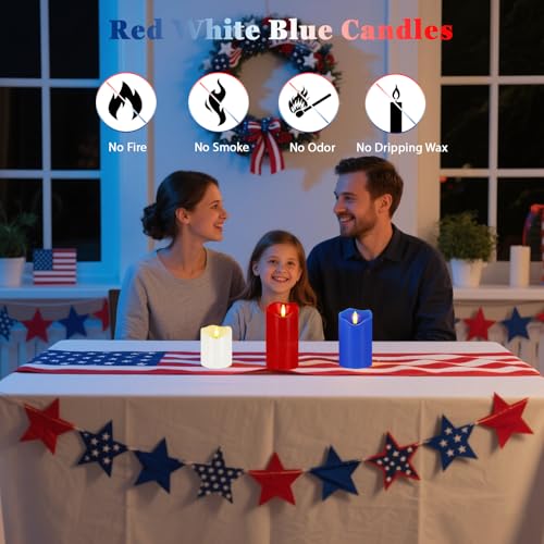 Image of VEEKI 4th of July Flameless Candles, Set of 3 Patriotic LED Candles with Remote & Timer, Flickering Electric Pillar Candles Battery Operated, Red White Blue Candles for Home Independence Day Decor