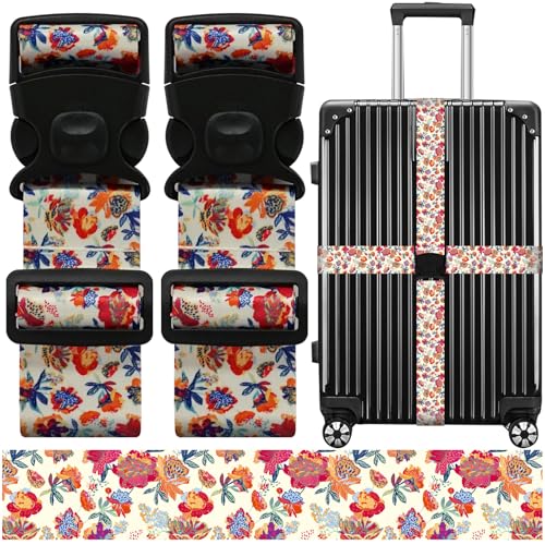 Image of Luggage Straps for Suitcases, Travel Adjustable Belt with Quick Release Buckle, Heavy Duty Nylon Bag Packing Strap, Unique Bright Identifiers Business Travel Accessories (2 Pack) - Rose Flowers