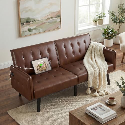 Image of TYBOATLE 65 inch Convertible Futon Sofa Bed w / 2 USB,Tufted Small Adjustable Folding Couch Loveseat, Modern Mid Century Faux Leather Sleeper Sofa for Living Room, Bedroom,Office, Brown