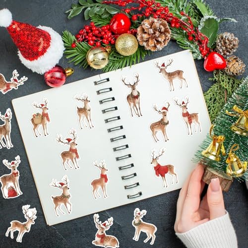 Image of Christmas Watercolor Reindeer Sticker - 16 Elegant Designs with Premium Waterproof Vinyl Repositionable Adhesive for Gift Wrapping, Scrapbook, Family Holiday Projects, Water Bottle Decor