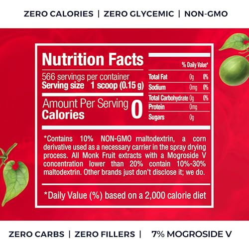 Monk Fruit Sweetener No Erythritol (25X Sweeter Than Sugar) Zero Calories, Zero Glycemic, Non-GMO, No Fillers - Monk Fruit Extract (7% Mogroside V) by Transparency Foods (3oz, 566 servings) - Thumbnail 2