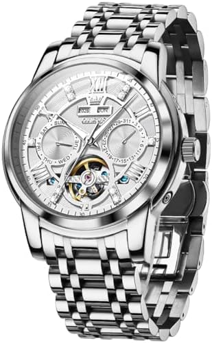 OLEVS Men's Watch Leather Skeleton Automatic Mechanical Tourbillon Calendar Moon Phase Luminous Waterproof Luxury Business Wristwatch