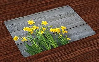 ABAKUHAUS Yellow Flower Place Mats Set of 4, Daffodil Bouquet, Washable Fabric Placemats for Dining Room Kitchen Table Decor, Yellow Grey