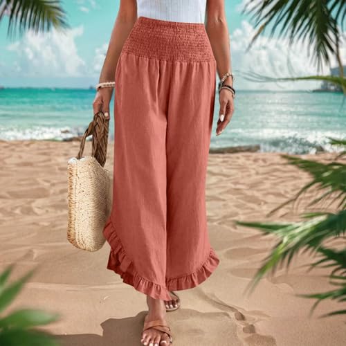 Linen Pants for Women Boho Flowy High Elastic Waisted Palazzo Pants Summer Casual Ruffled Wide Leg Capri Trousers2