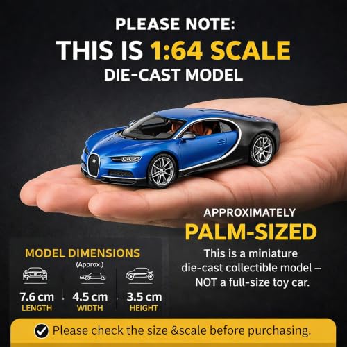Image of Wizplex Bburago Official Licensed Bugatti Chiron 1:64 Scale Die Cast Metal Toy Car with Opening Front Doors - Collectible Miniature Model for Display and Gifting, Ages 3 and Up