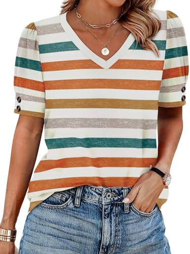 Image of OFEEFAN Womens Tops Short Sleeve Shirts Buttons V Neck Spring Fashion Summer Outfits Plus Size Blouses Dressy Casual