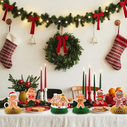 Image of 9 Pieces Christmas Gingerbread Honeycomb Centerpieces - Holiday Table Decorations with Gingerbread Man, Gingerbread House, and Festive Car for Xmas Party, Winter Celebrations, and Holiday Gatherings