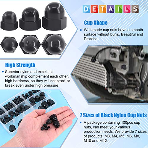 Glarks 100Pcs 7 Sizes Black Nylon Dome Acorn Bolt Cup Nuts Set, M3, M4, M5, M6, M8, M10, M12 Hex Protector Cap Assortment Kit For Protecting Hexagon Shaped Threads Rods Studs And Bolts #TOP3