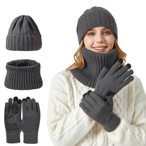 Lot de 3 bonnets, écharpes, gants unisexes en tricot chaud pour l'hiver