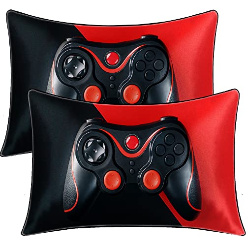 BlessLiving Boys Gamer Satin Pillowcase for Hair and Skin Silky Soft Pillow Cover - Set of 2 Pack Red Video Game Pillow Case with Envelope Closure, Black Gamepad Controller, Queen(20''x30'')